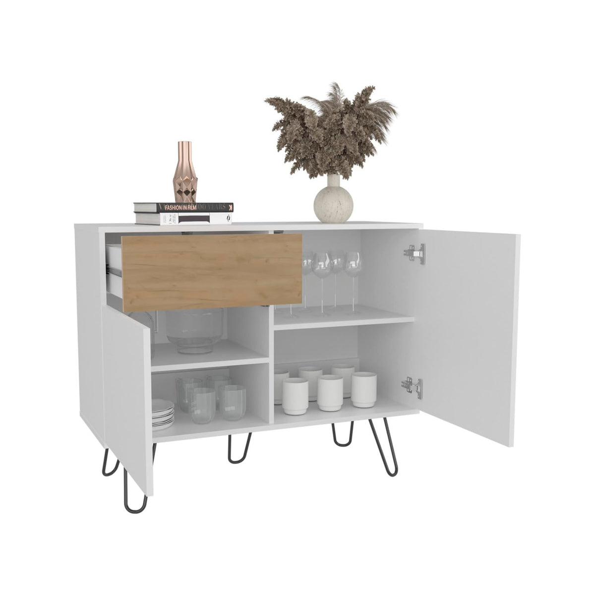 White Console Table with Two Cabinets, One Drawer and Four Shelves F156843