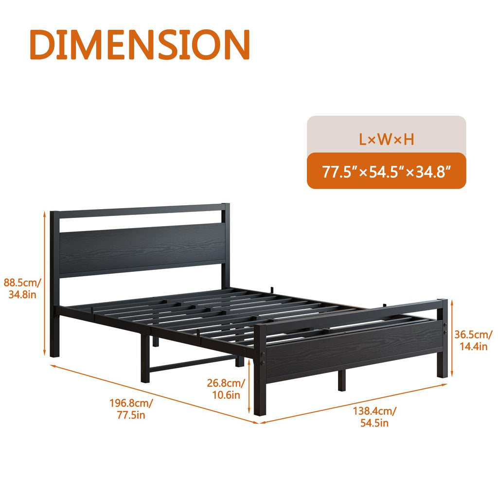 Black Full Size Bed Frame with Wood Headboard and Storage S41193