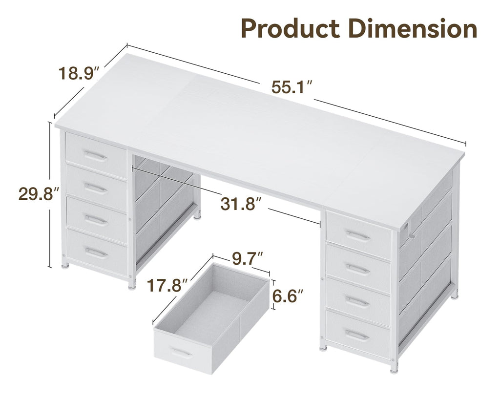 55 Inch Computer Desk with 8 Fabric Drawers White Y792252