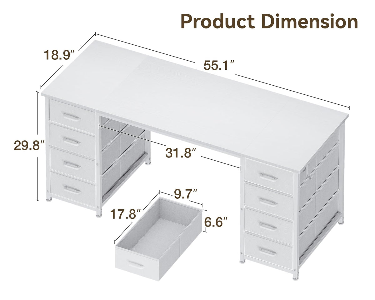 55 Inch Computer Desk with 8 Fabric Drawers White Y792252