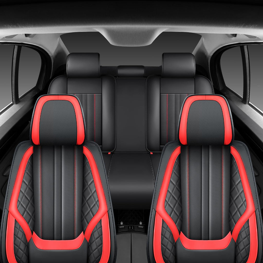 Nappa Leather Car Seat Covers Full Set 5-Seats Black Red D874