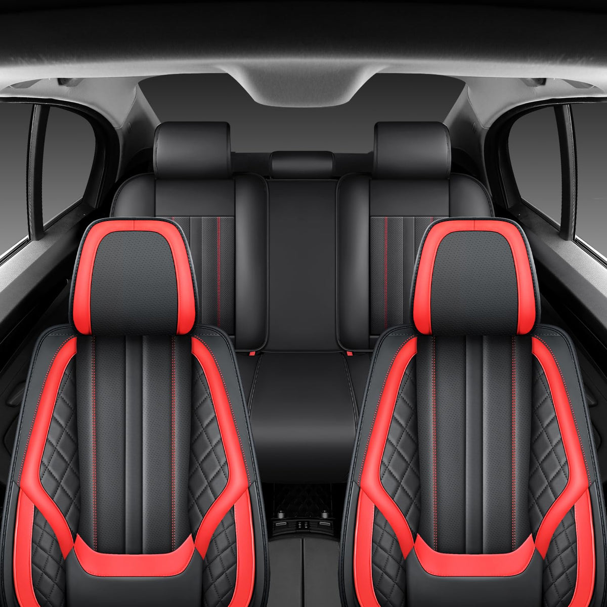 Nappa Leather Car Seat Covers Full Set 5-Seats Black Red D874