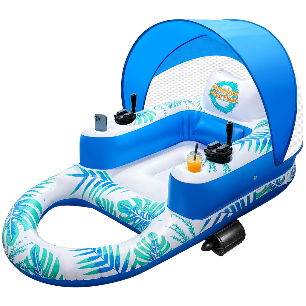 Rechargeable Motorized Pool Float Lounger with Canopy and Cup Holder S529