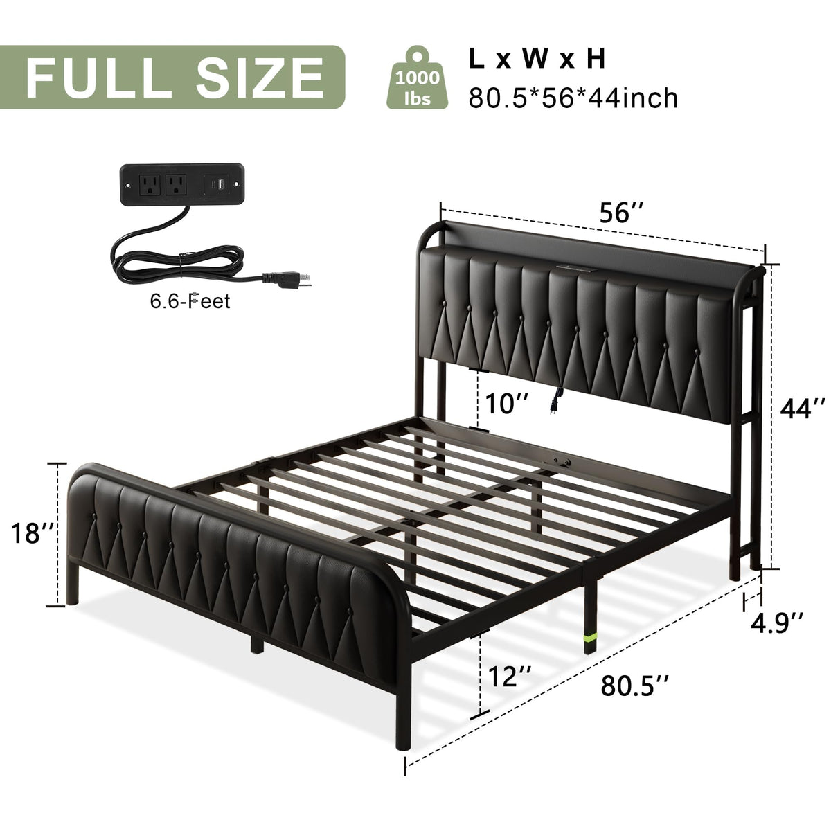 Black Leather Full Size Bed Frame with Charging Station L7627