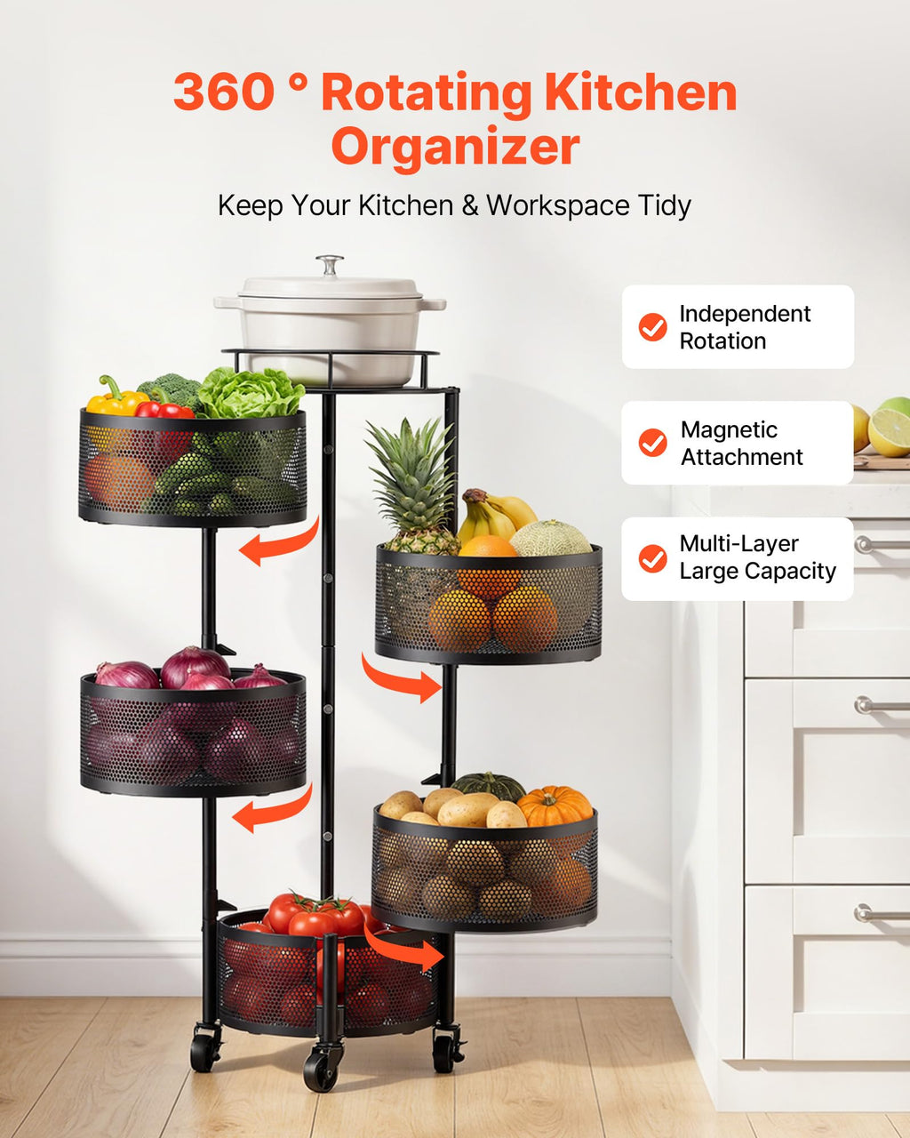 5 Tier Rotating Storage Rack Cart on Wheels, Black A421480