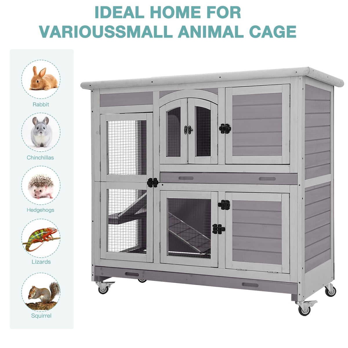2-Tier Wooden Small Animal Cage with Trays, Wheels & Ramp U3001