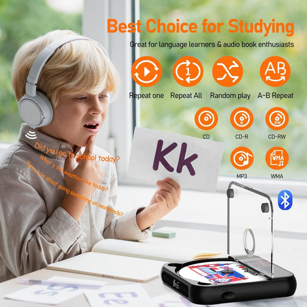 Portable CD Player with Dual Stereo Speakers, Bluetooth and Headphones, Black H845993