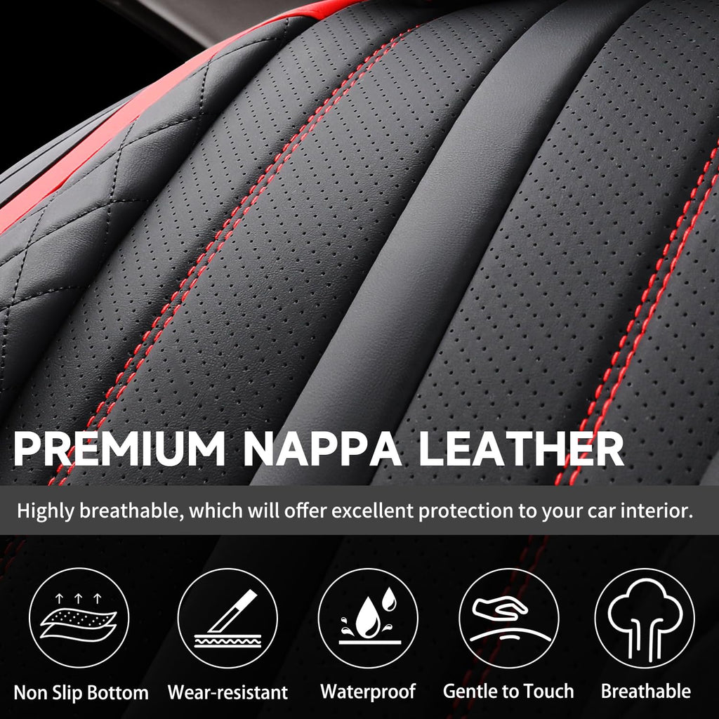 Nappa Leather Car Seat Covers Full Set 5-Seats Black Red D874