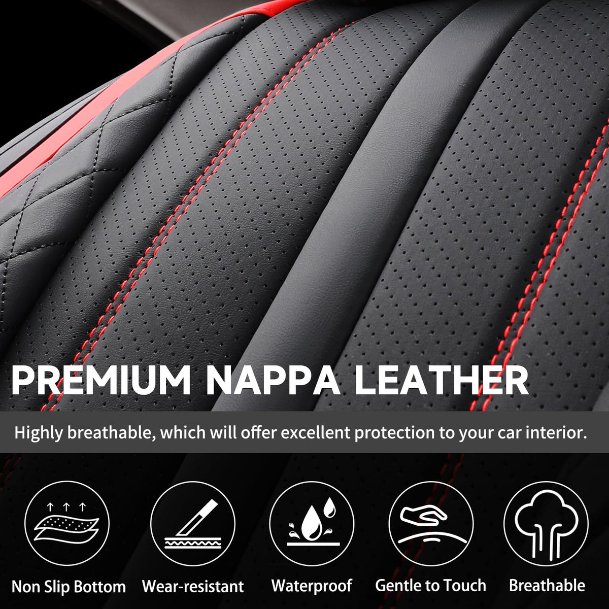 Nappa Leather Car Seat Covers Full Set 5-Seats Black Red D874