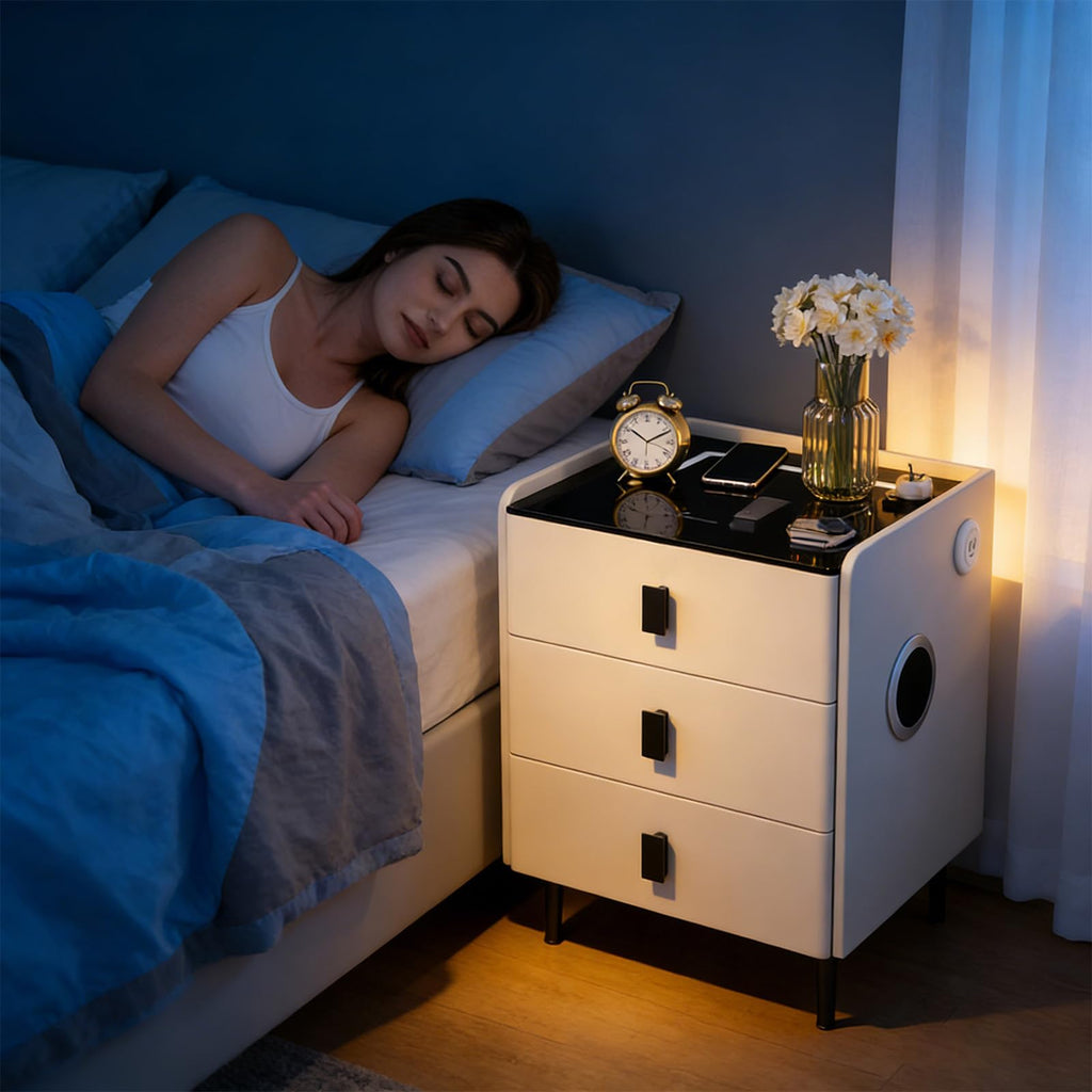 Smart Nightstand with Bluetooth Speaker, 3 Drawer LED Nightstand with USB Port T194