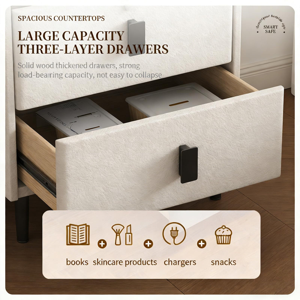 Smart Nightstand with Bluetooth Speaker, 3 Drawer LED Nightstand with USB Port T194