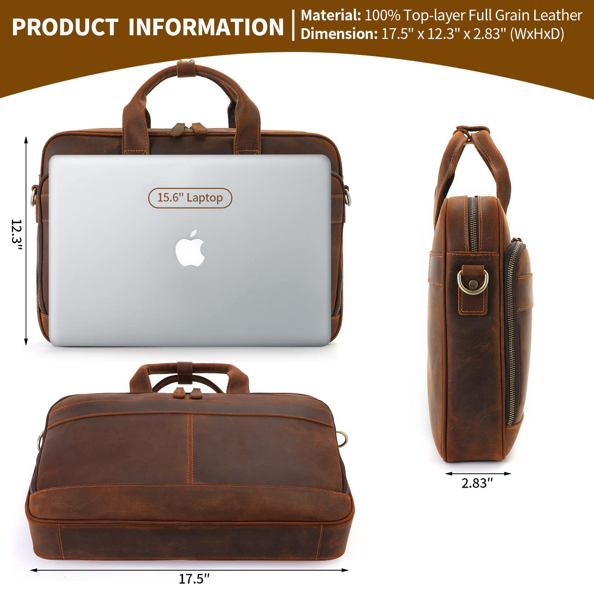 Full Grain Leather Briefcase Fits 15.6 Inch Laptop O8373