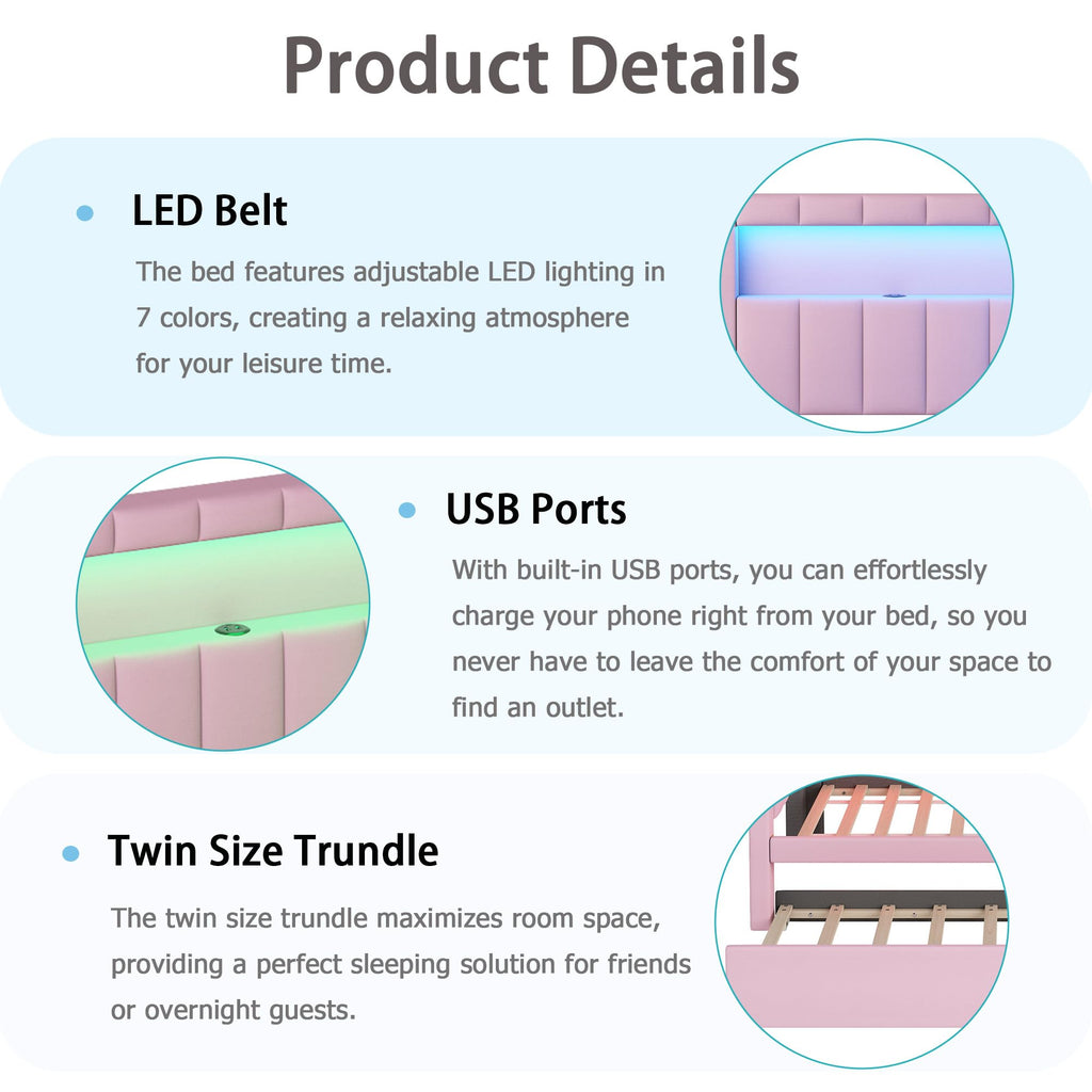 Twin Size Upholstered Platform Bed with Trundle and USB Ports, Pink E12319