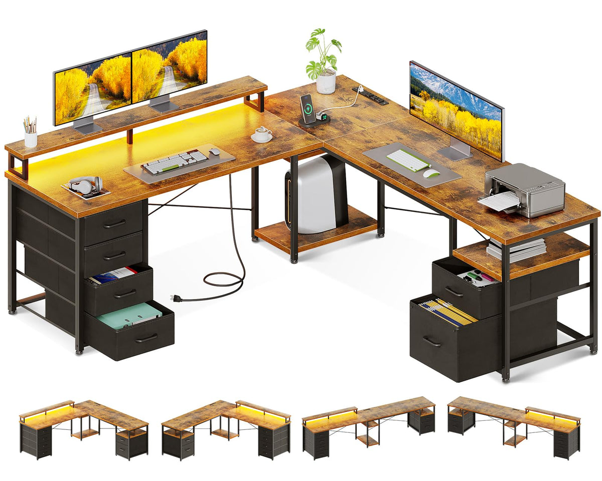 66" L Shaped Computer Desk with File Cabinet & 4 Drawers B81117