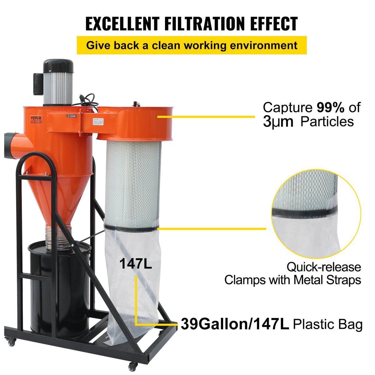 2 HP Portable Dust Collector with 39 Gallon Collection Bag E7722