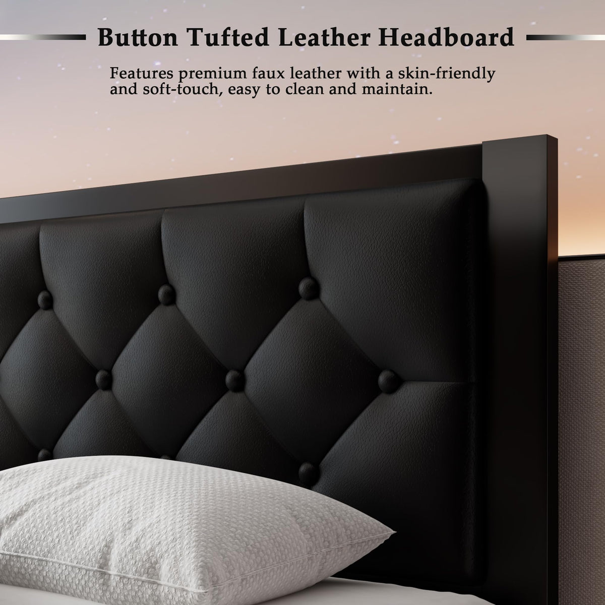 Twin Size Black Metal Platform Bed Frame with Faux Leather Tufted Headboard S2403