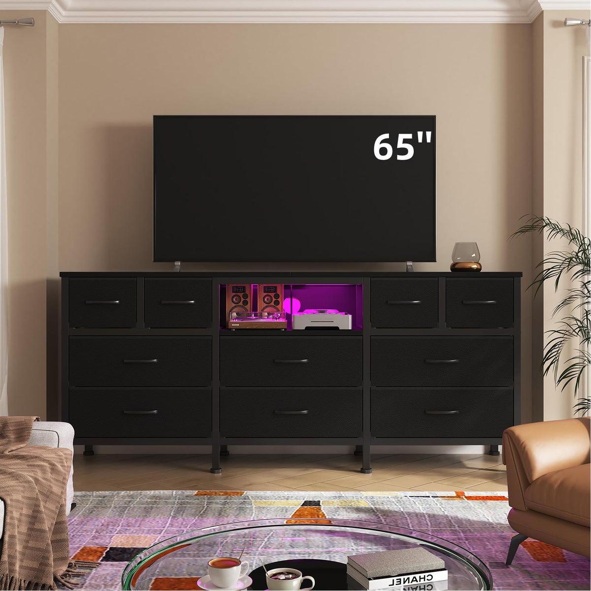 Black Dresser with LED Lights and Power Outlets, 10 Drawers Dresser F182