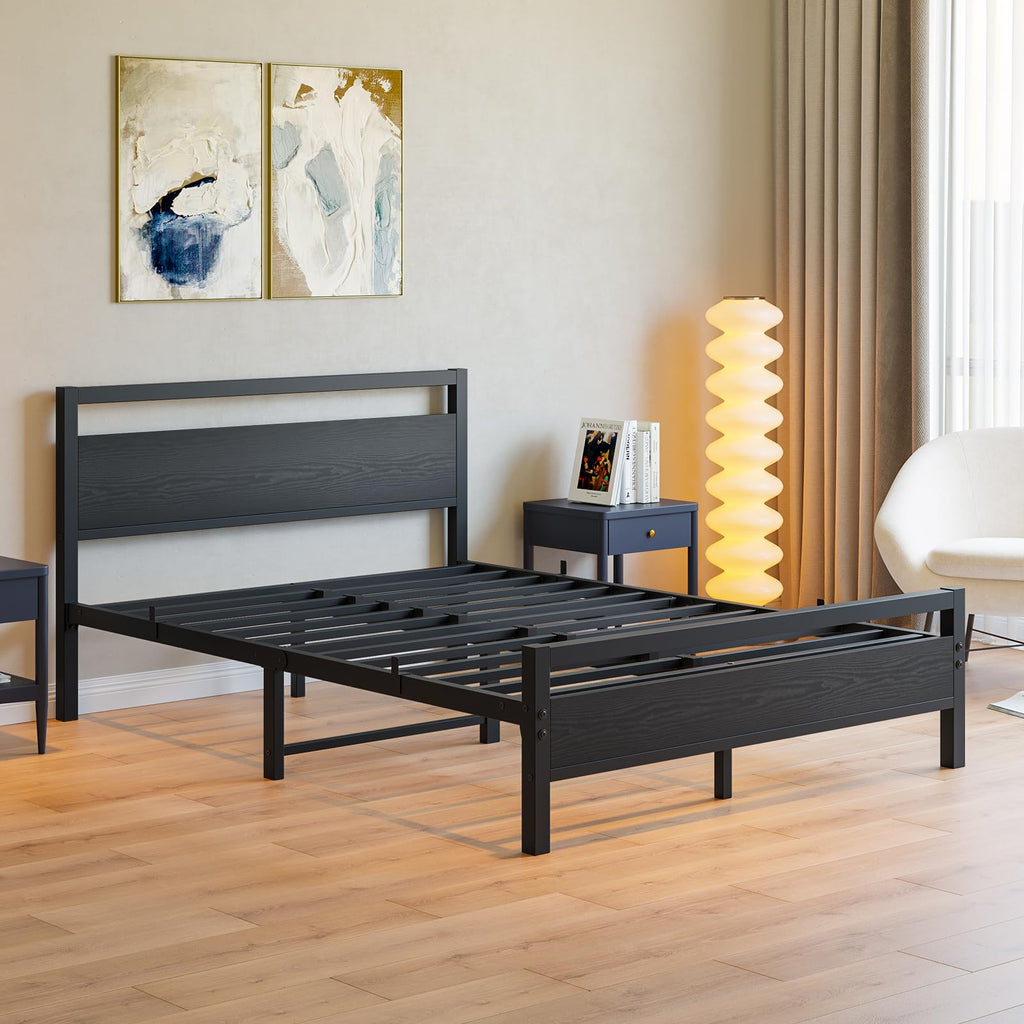 Black Full Size Bed Frame with Wood Headboard and Storage S41193