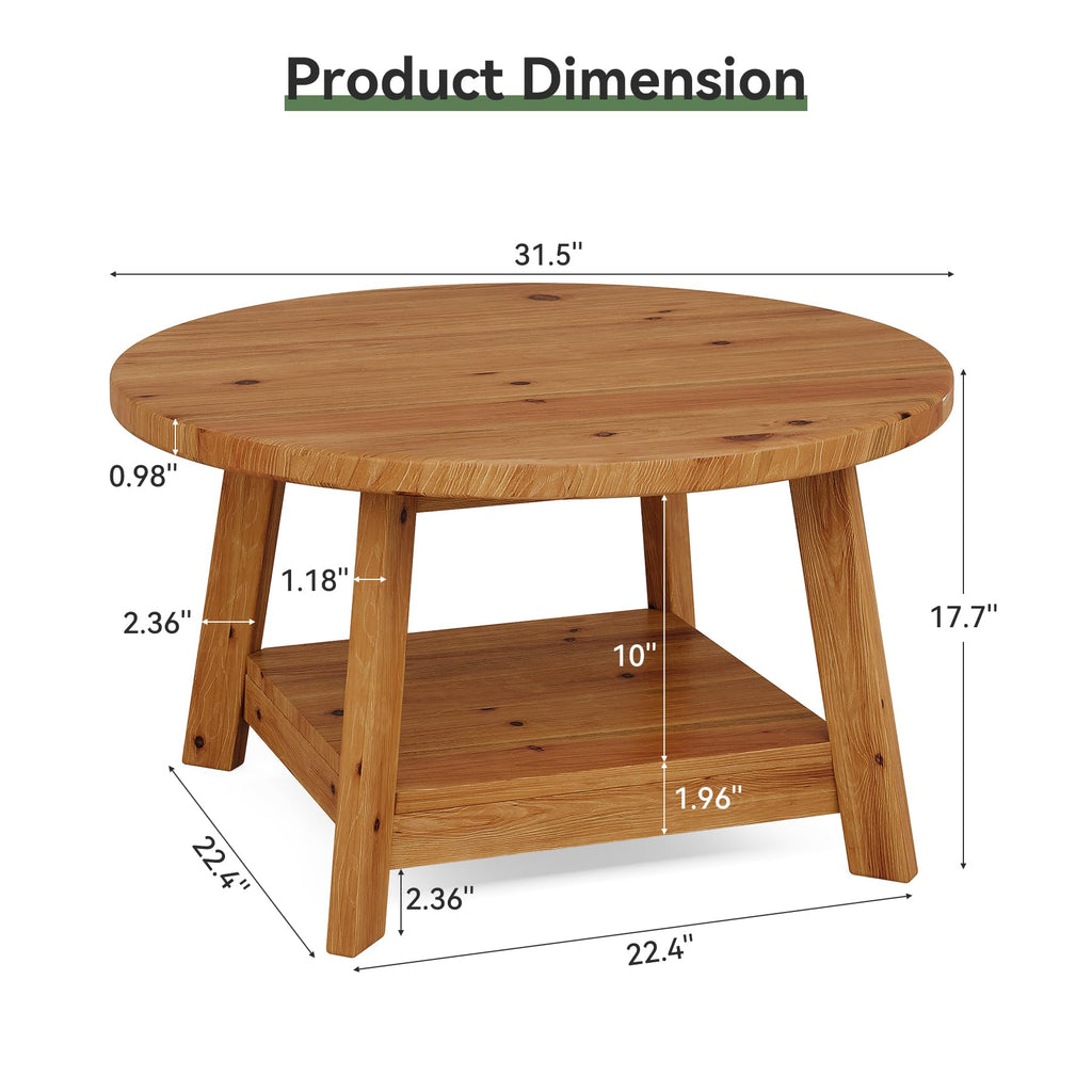 Solid Wood Round 2-Tier Coffee Table with Storage Shelf E5553