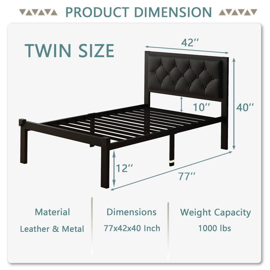 Twin Size Black Metal Platform Bed Frame with Faux Leather Tufted Headboard S2403