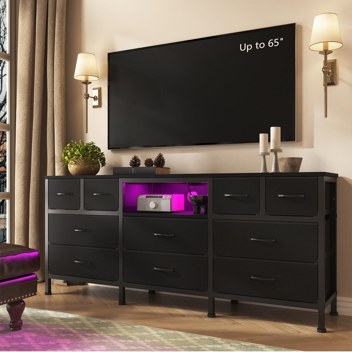 Black Dresser with LED Lights and Power Outlets, 10 Drawers Dresser F182