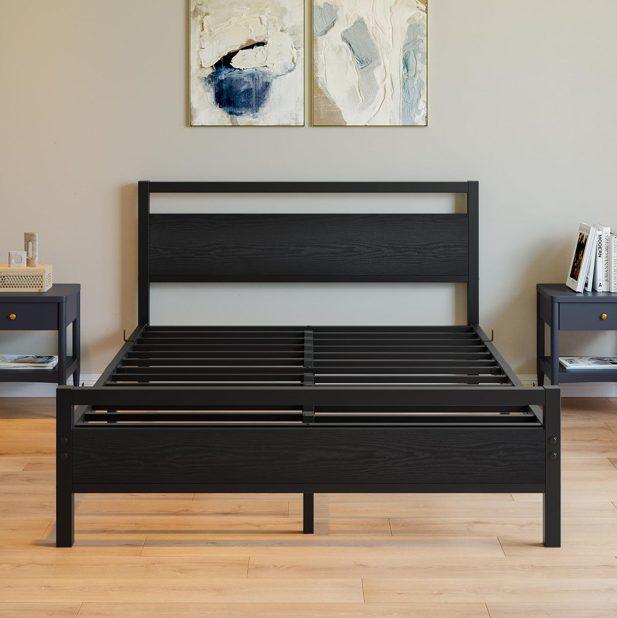 Black Full Size Bed Frame with Wood Headboard and Storage S41193