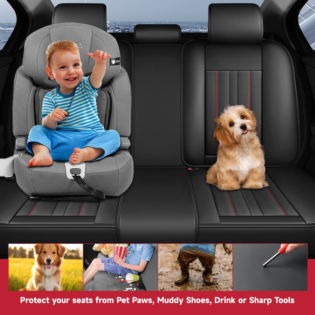 Nappa Leather Car Seat Covers Full Set 5-Seats Black Red D874