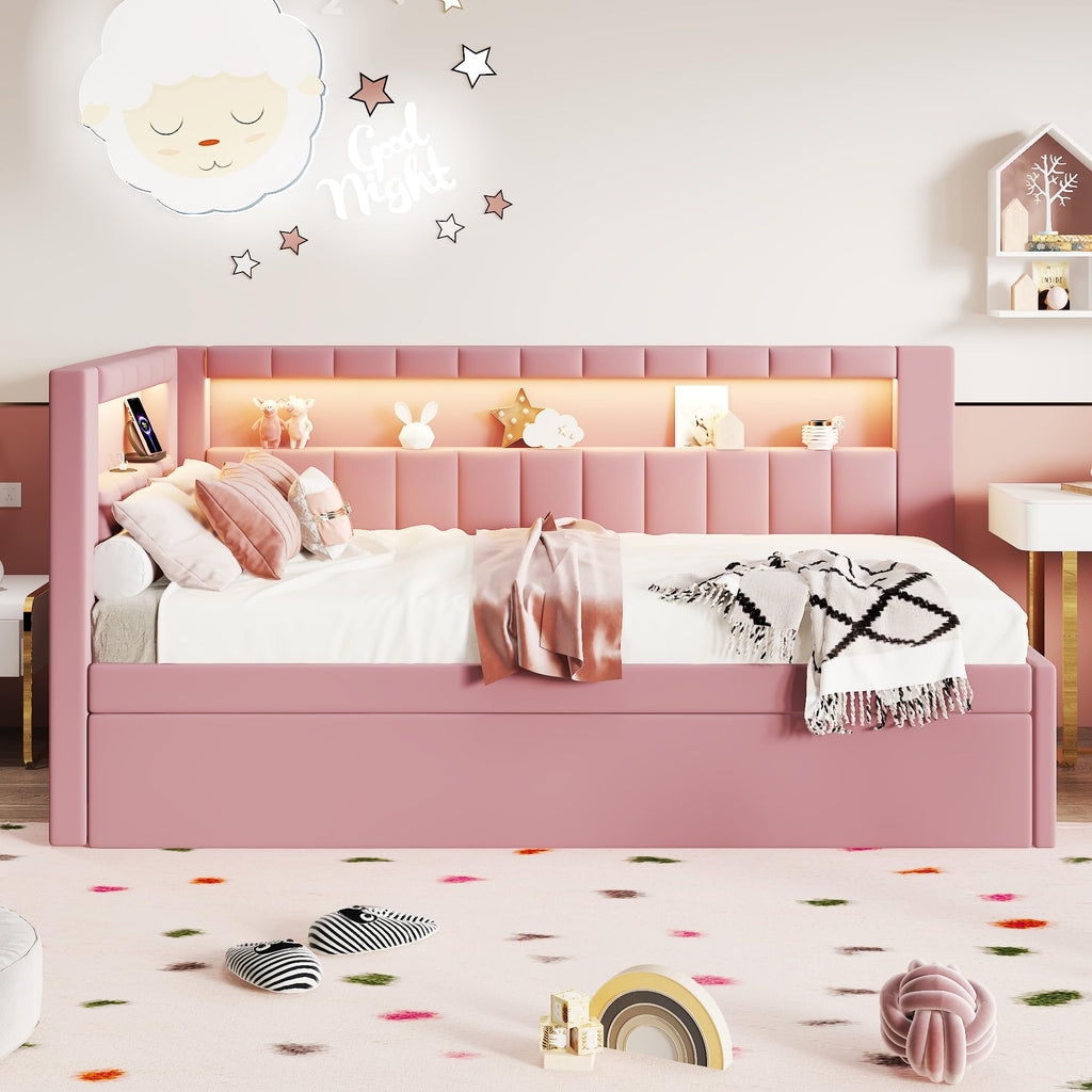 Twin Size Upholstered Platform Bed with Trundle and USB Ports, Pink E12319