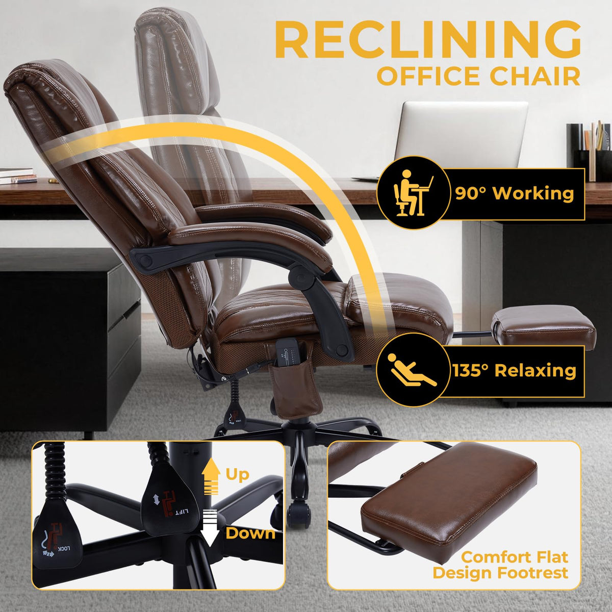 Brown Heated Massage Reclining Leather Office Chair with Foot Rest K706156