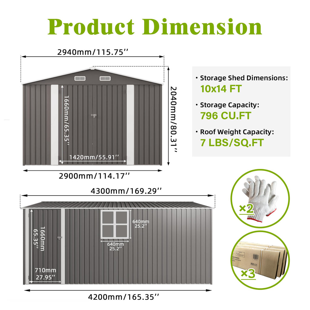 10x14 FT Grey Metal Storage Shed G19688