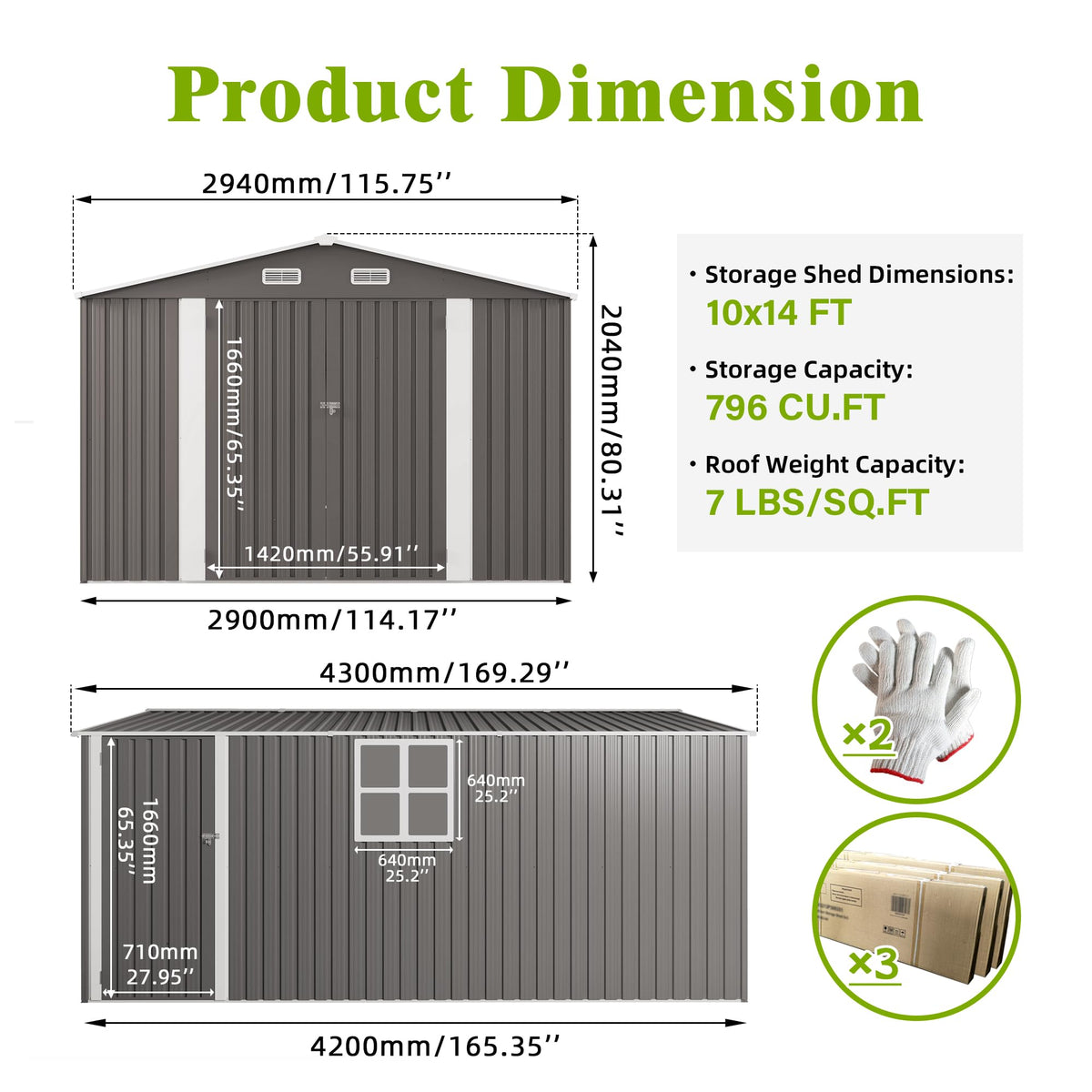 10x14 FT Grey Metal Storage Shed G19688