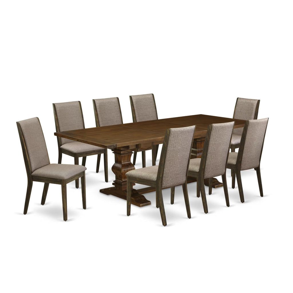 9 Piece Walnut Dining Table Set with Butterfly Leaf and 8 Dark Khaki Linen Fabric Chairs G7454