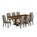 9 Piece Walnut Dining Table Set with Butterfly Leaf and 8 Dark Khaki Linen Fabric Chairs G7454