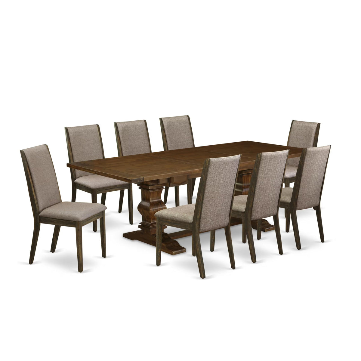 9 Piece Walnut Dining Table Set with Butterfly Leaf and 8 Dark Khaki Linen Fabric Chairs G7454