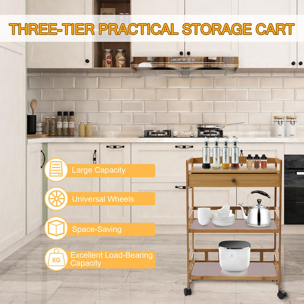 3-Tier Bamboo Kitchen Cart with Drawer U9216