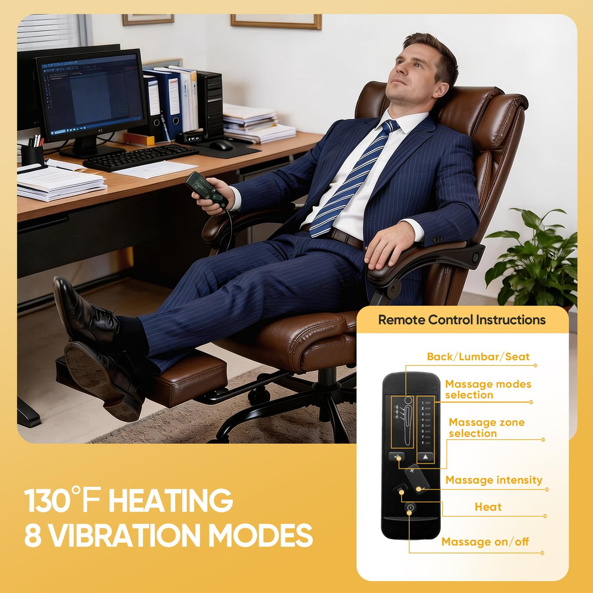 Brown Heated Massage Reclining Leather Office Chair with Foot Rest K706156