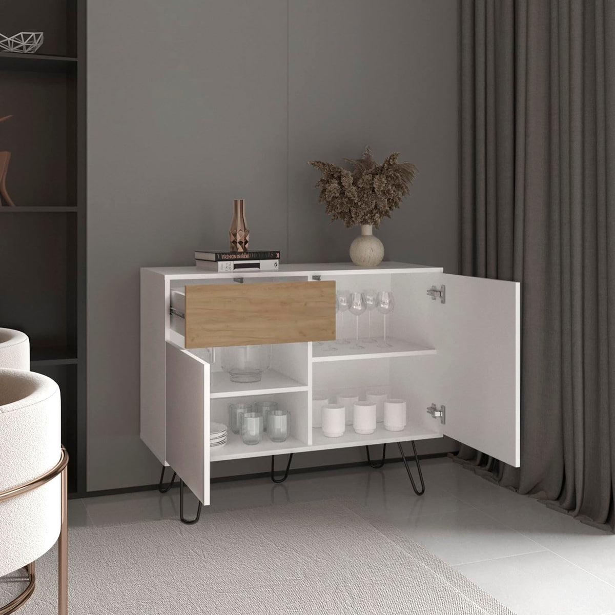 White Console Table with Two Cabinets, One Drawer and Four Shelves F156843
