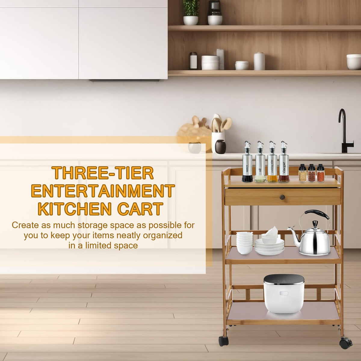 3-Tier Bamboo Kitchen Cart with Drawer U9216