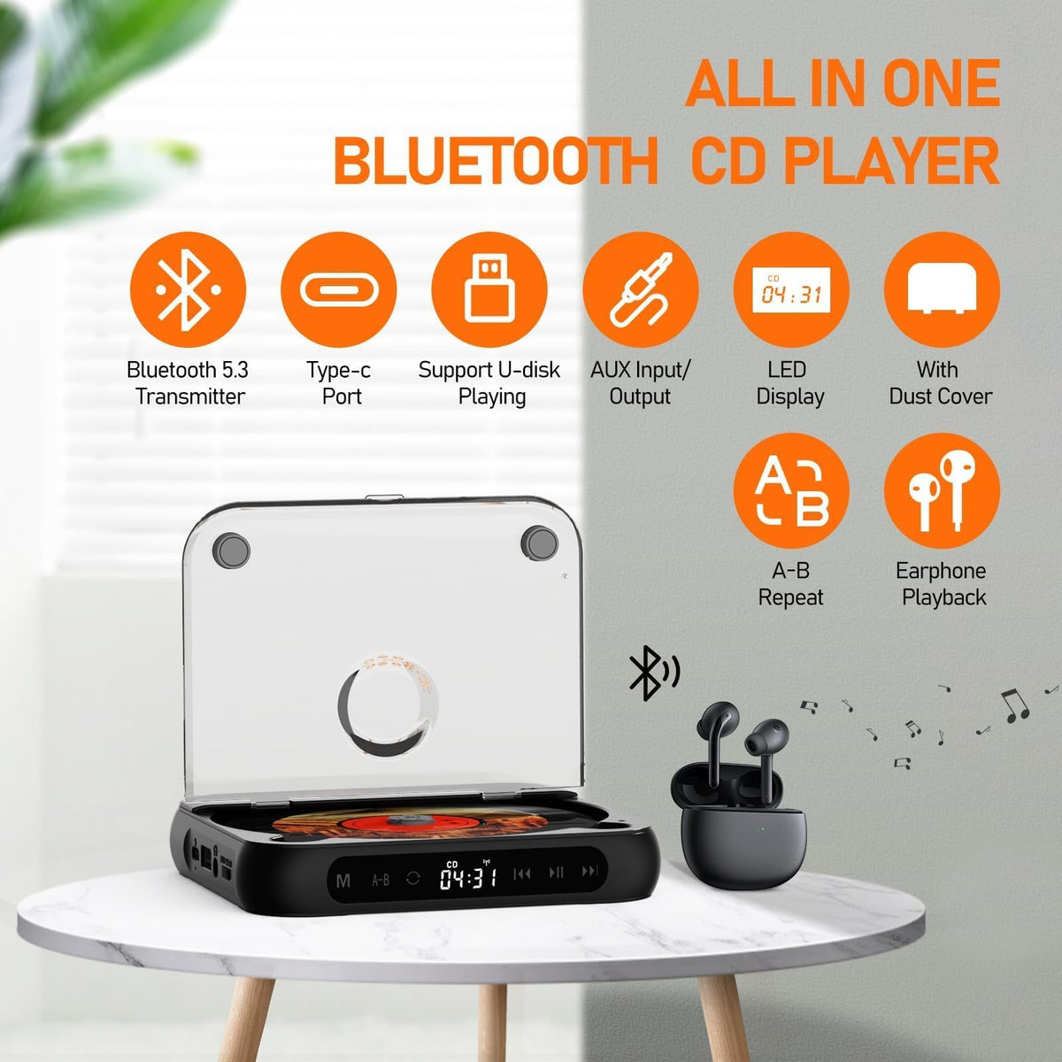 Portable CD Player with Dual Stereo Speakers, Bluetooth and Headphones, Black H845993