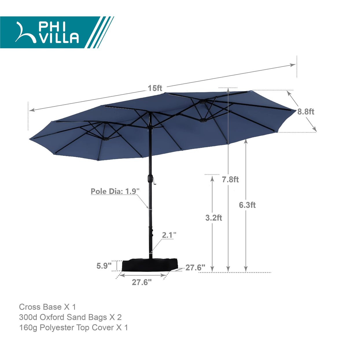 15FT Double-Sided Patio Umbrella with Base J2965
