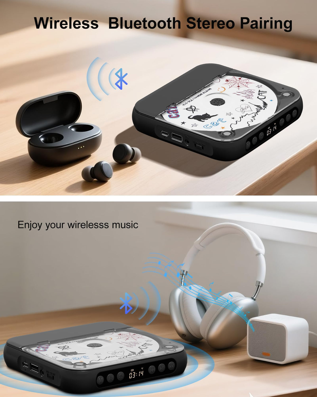 Portable CD Player with Dual Stereo Speakers, Bluetooth and Headphones, Black H845993