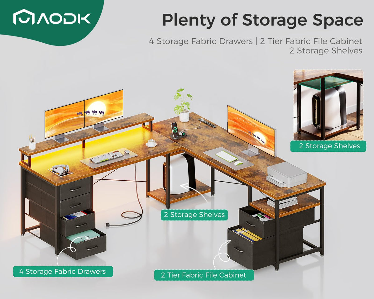 66" L Shaped Computer Desk with File Cabinet & 4 Drawers B81117