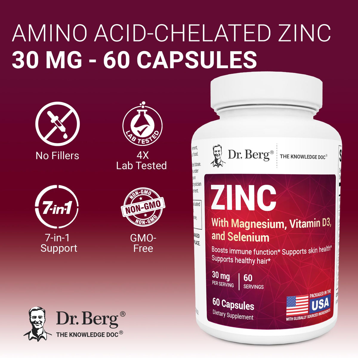Zinc 30 mg 60 Capsules Chelated with Vitamin D & Selenium K35921