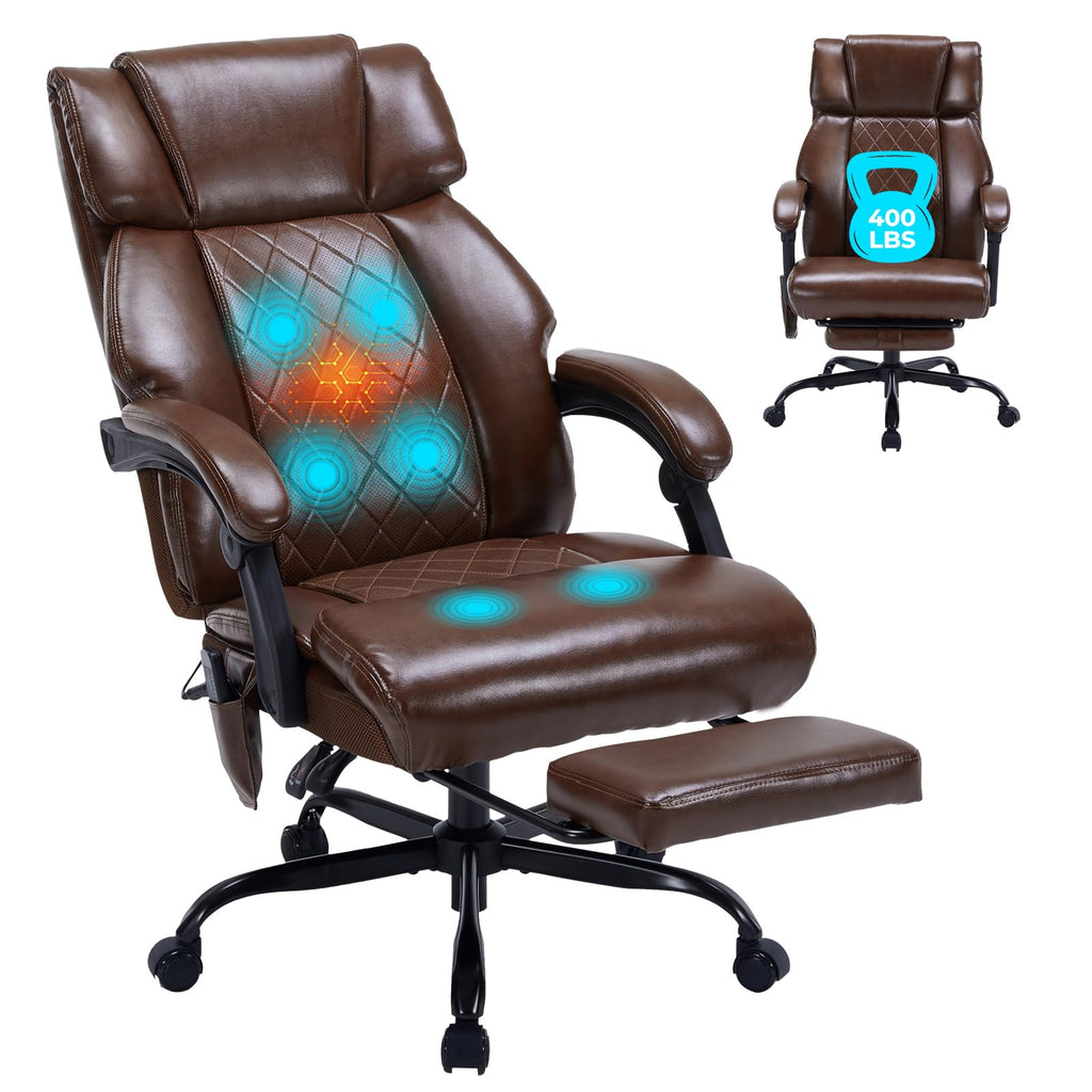 Brown Heated Massage Reclining Leather Office Chair with Foot Rest K706156