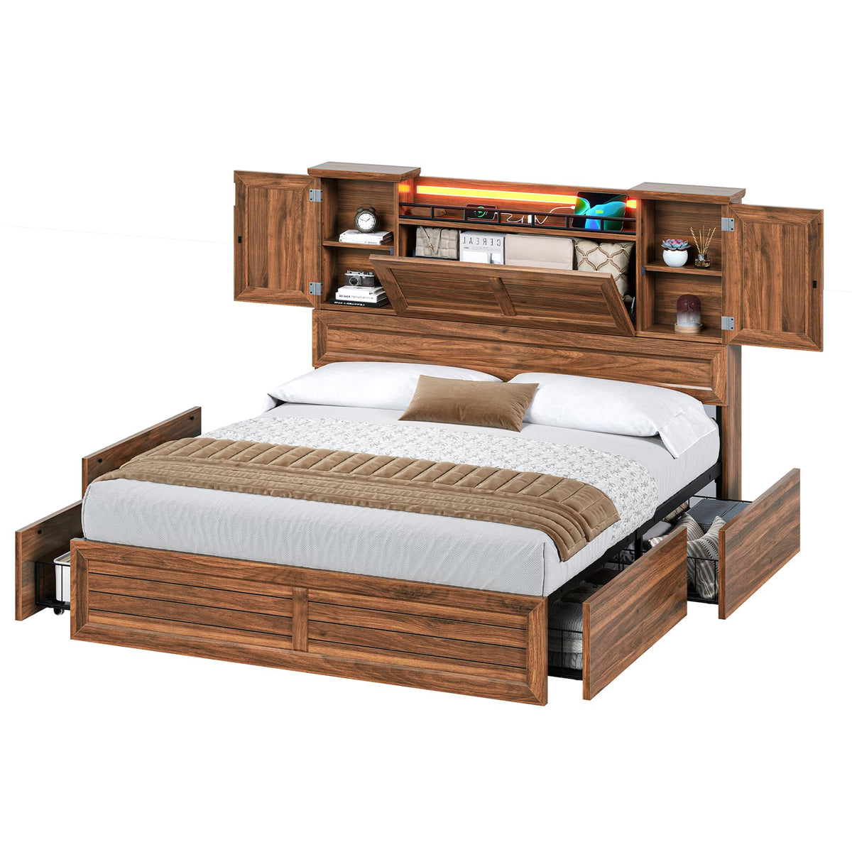 Queen Size Wooden Platform Bed Frame with Headboard Storage Drawers E818752