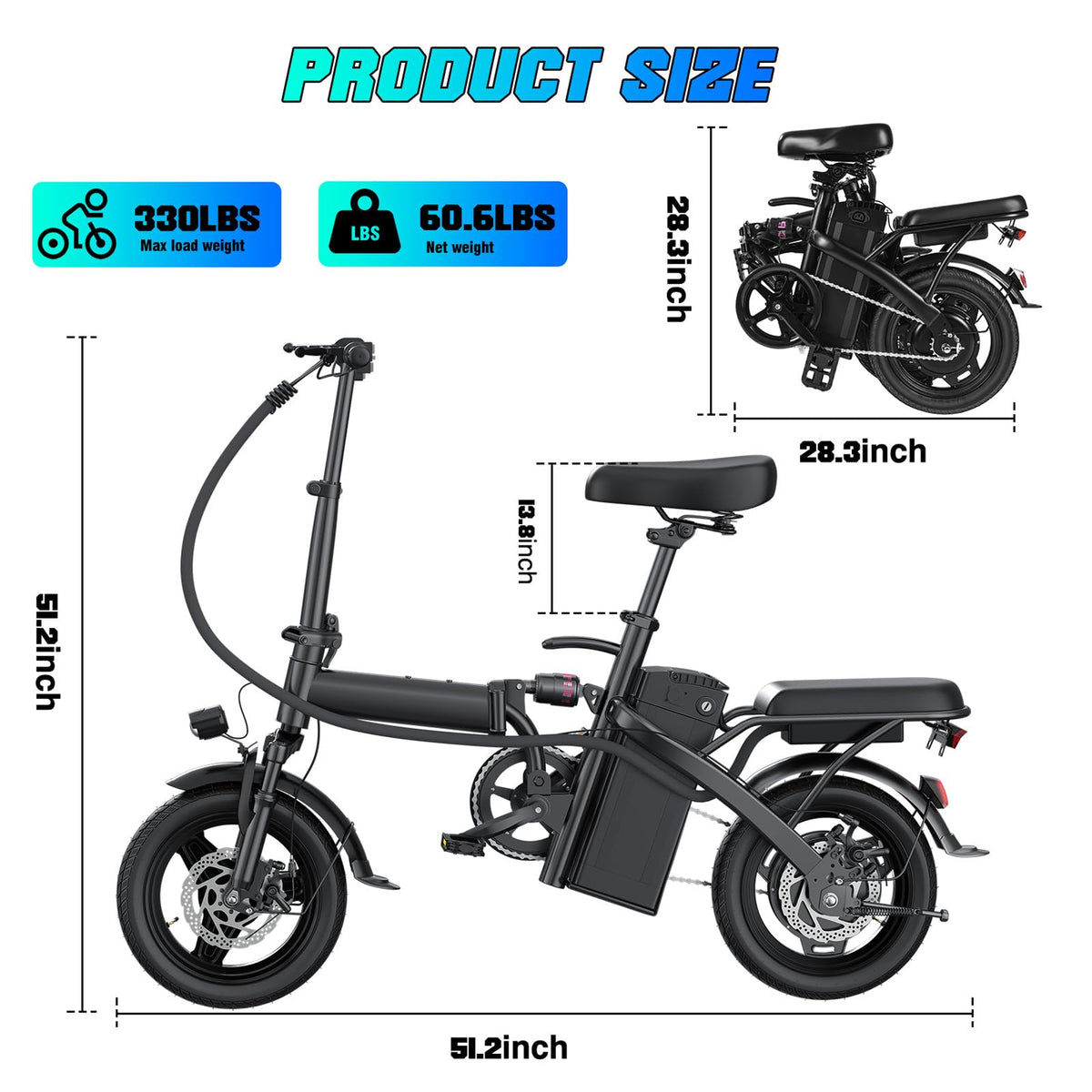 560W Motor 24MPH 32 Miles Range 48V 10Ah Battery 14" Foldable Electric Bike with Basket B5702