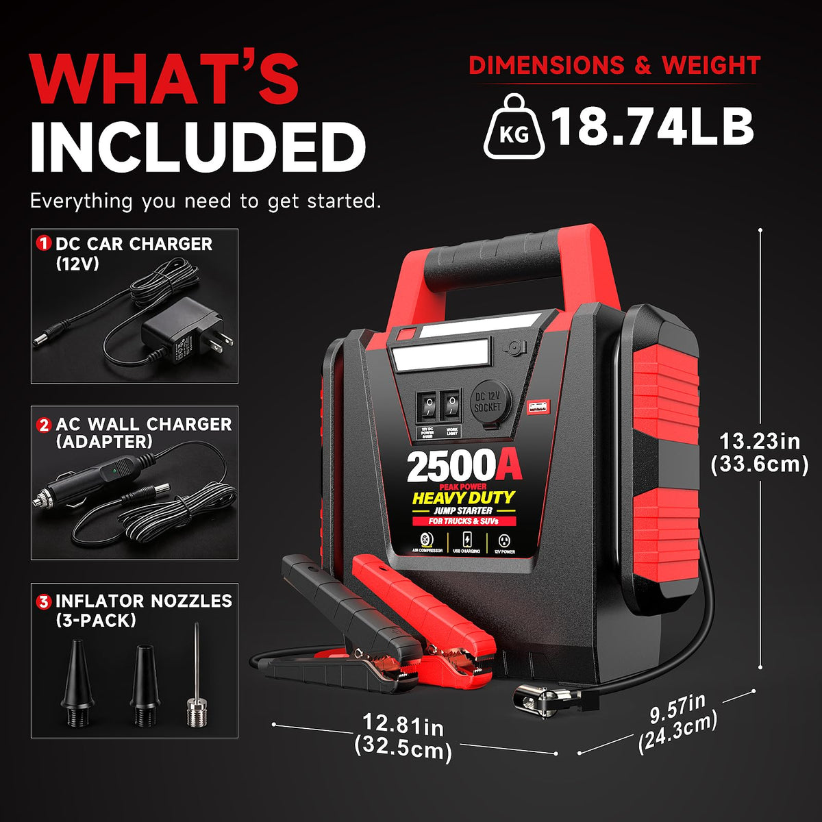 12V Portable Car Jump Starter with Air Compressor and Work Light O45072
