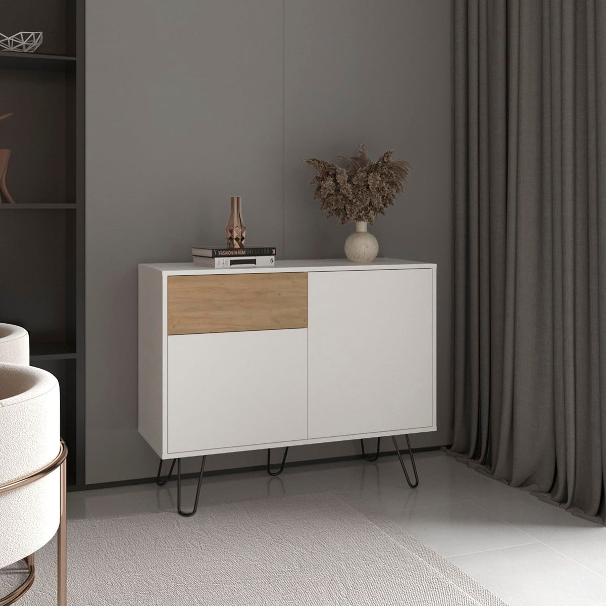 White Console Table with Two Cabinets, One Drawer and Four Shelves F156843