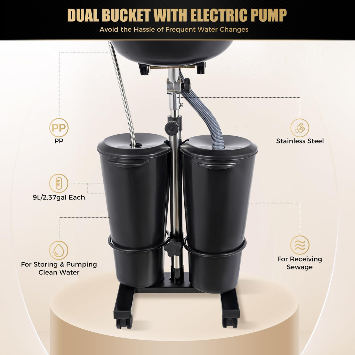 Portable Shampoo Bowl Hair Washing Sink with Electric Pump and 2 Water Tanks S9569