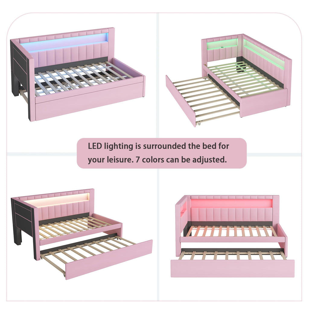 Twin Size Upholstered Platform Bed with Trundle and USB Ports, Pink E12319